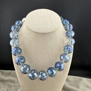 Vintage Glass Necklace Blue Chunky AB Glass HEAVY Nanni Statement Runway 18"